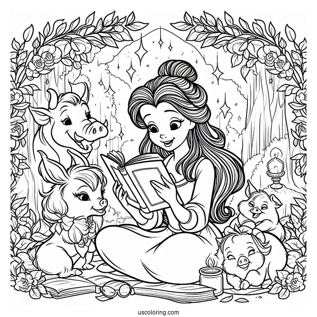 Coloring Page Of Belle Reading To Her Enchanted Friends