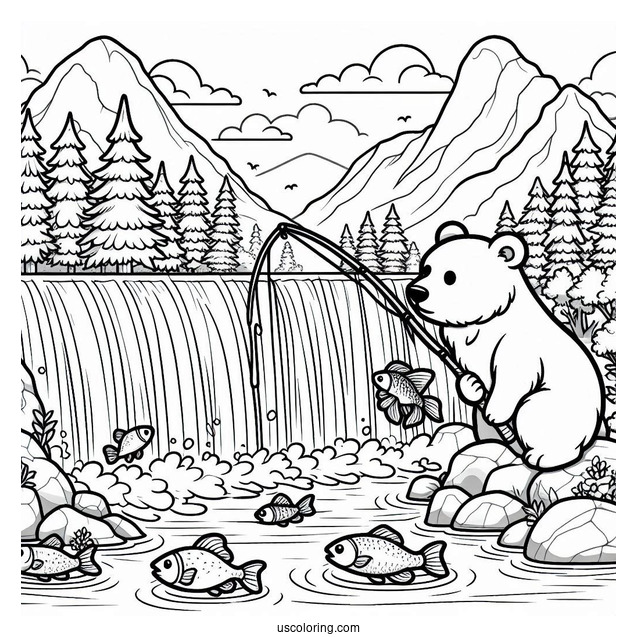 Simple Bear Coloring Page Catching Fish In Waterfalls