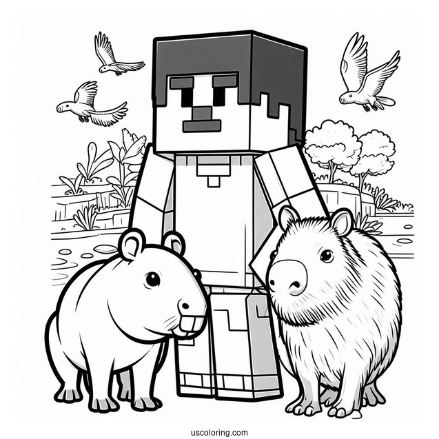 Minecraft Steve With A Capybara Coloring Page For Kids