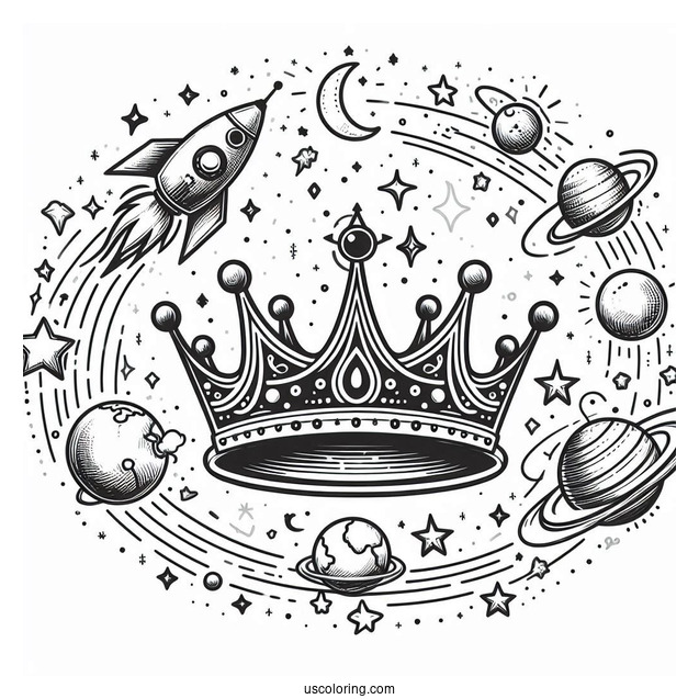 Galactic Crown Coloring Page with Planets, Stars, and Rocket Launch