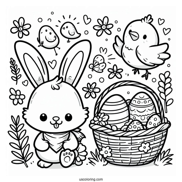 Cartoon Easter Bunny Coloring Page And Chick With Easter Eggs In Basket