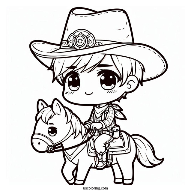 Chibi Coloring Page Cowboy on Horseback