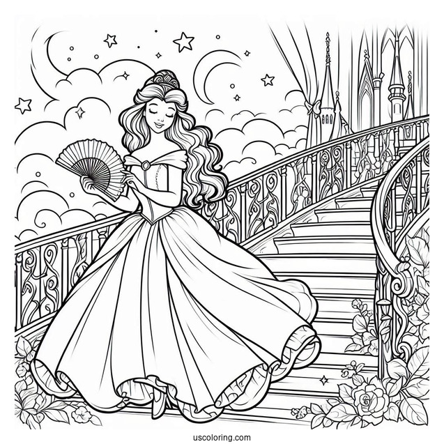 Sleeping Beauty Coloring Page On The Staircase With Belle Holding Fans