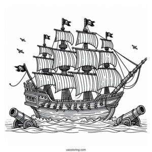 Coloring Page Of Pirate Ship With Multiple Canons