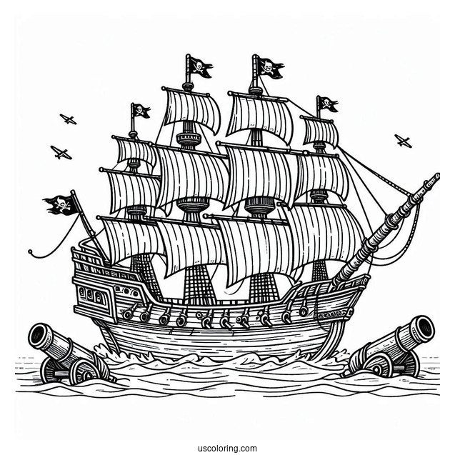 Coloring Page Of Pirate Ship With Multiple Canons