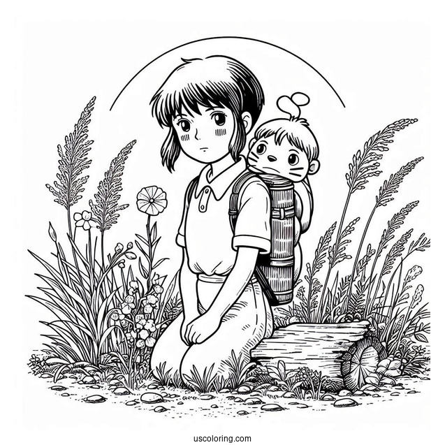 Studio Ghibli Coloring Page of Grave Of The Fireflies Setsuko On Seita's Back
