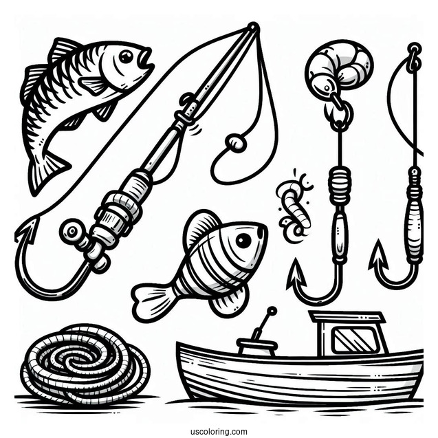 Fishing Coloring Page Rods, Bobber, Hook, Fishes, Worm, And Boat