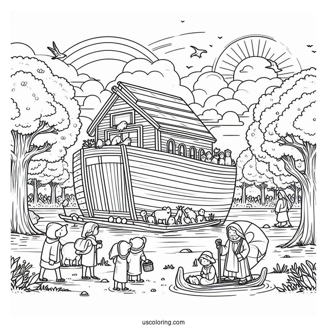 Noah's Ark Coloring Page Of His Family Building The Ark