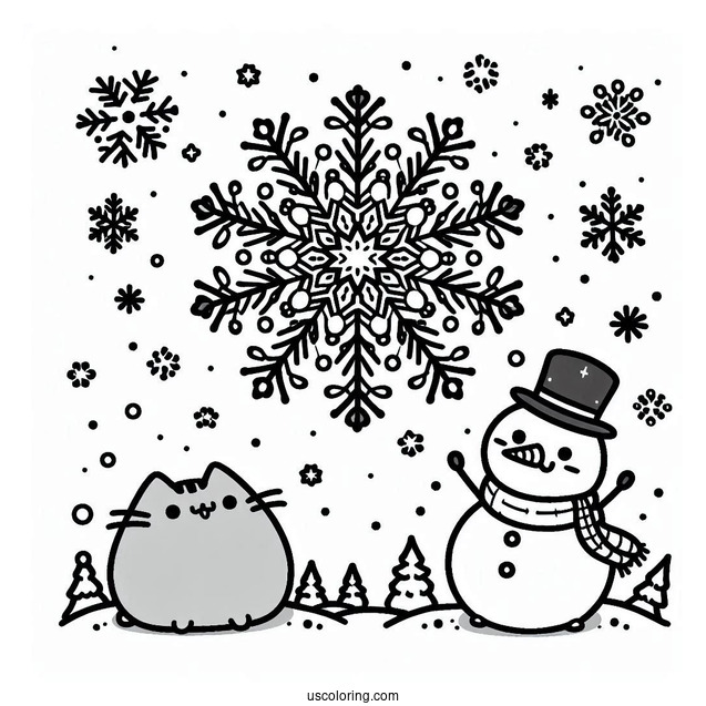 Snowflake Coloring Page Falling On Pusheen, Stormy, And Snowman