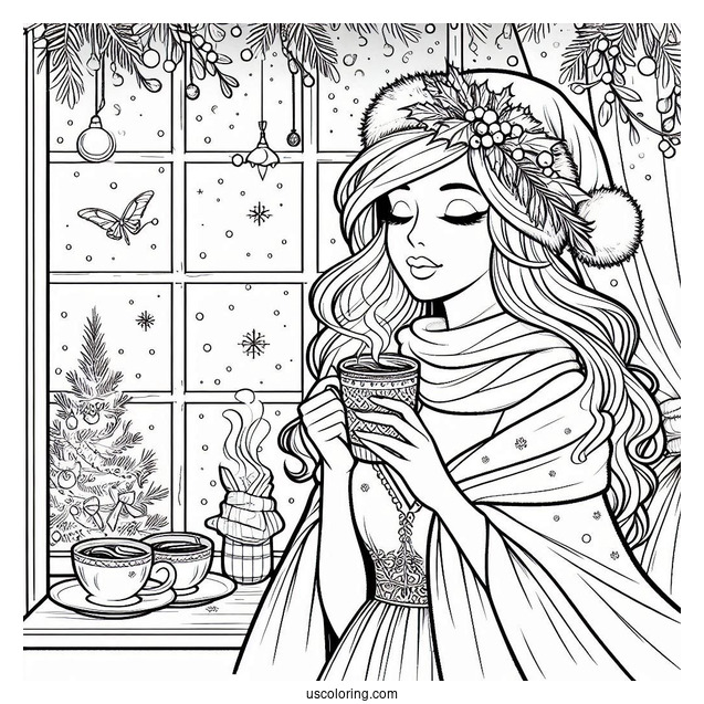 Coffee Coloring Pages Of Woman In Dress And Cape Drinking Coffee On Christmas Day By Window Bay