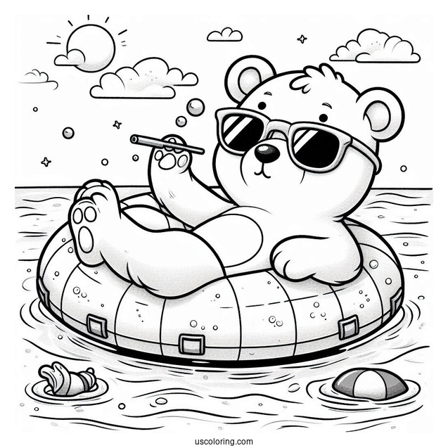 Swimming Coloring Page Of Polar Bear With Sunglasses On An Inflatable In The Pool
