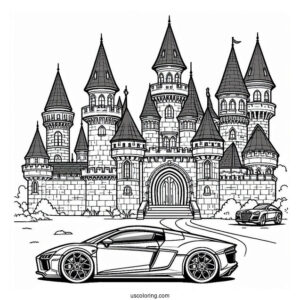 Castle Coloring Page Of Modern Castle With Sports Car