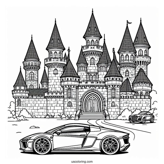 Castle Coloring Page Of Modern Castle With Sports Car