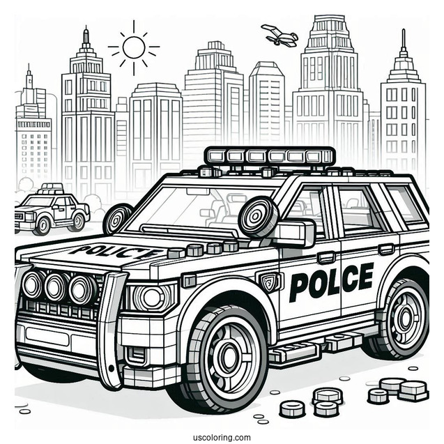 Detailed Lego Police Car Coloring Page Parked In The City
