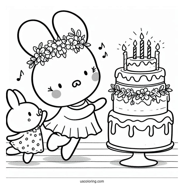 Miffy Coloring Page Of Melanie, And Poppy Pig Dancing In Front Of Birthday Cake