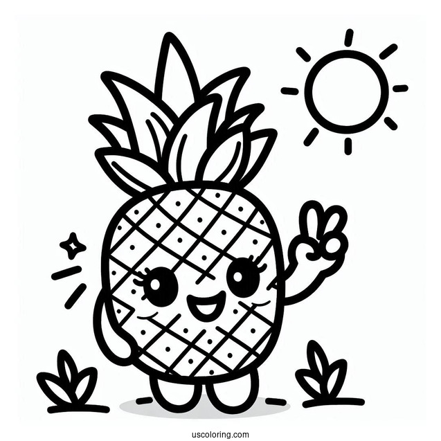 Waving Pineapple Coloring Page Character Smiling Under the Sun For Kids