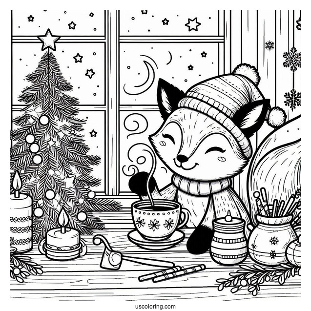 Christmas Coloring Pages For Adults Of Adorable Fox Drinking Tea By The Window
