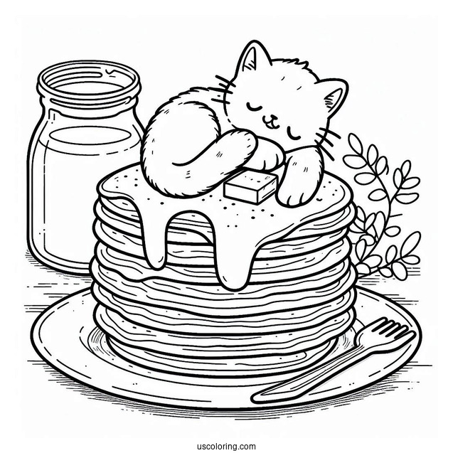 Cat Resting On Top Of Pancake Coloring Page Tower With Melting Butter For Preschoolers