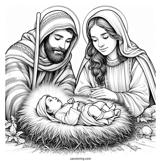 Nativity Coloring Page Of Realistic Wise Men With Joseph And Mary Watching Newborn Jesus