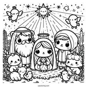 Kawaii Nativity Coloring Page With Animals Surrounding Joseph, Mary, And Jesus For Kids