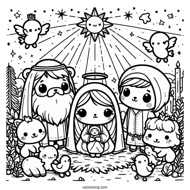 Kawaii Nativity Coloring Page With Animals Surrounding Joseph, Mary, And Jesus For Kids