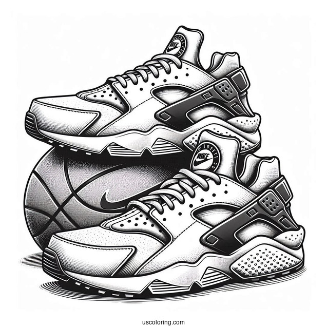 Pair Of Nike Coloring Page Of Air Huarache With Basketballs