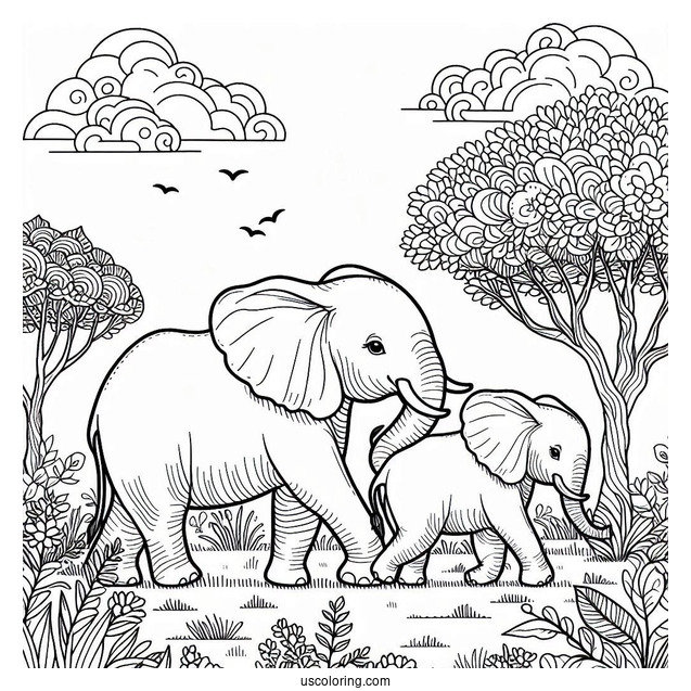 Two Elephants Walking In The Wild Coloring