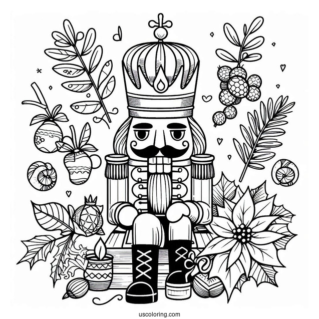 Nutcracker Coloring Page King With Mistletoes And Poinsettia
