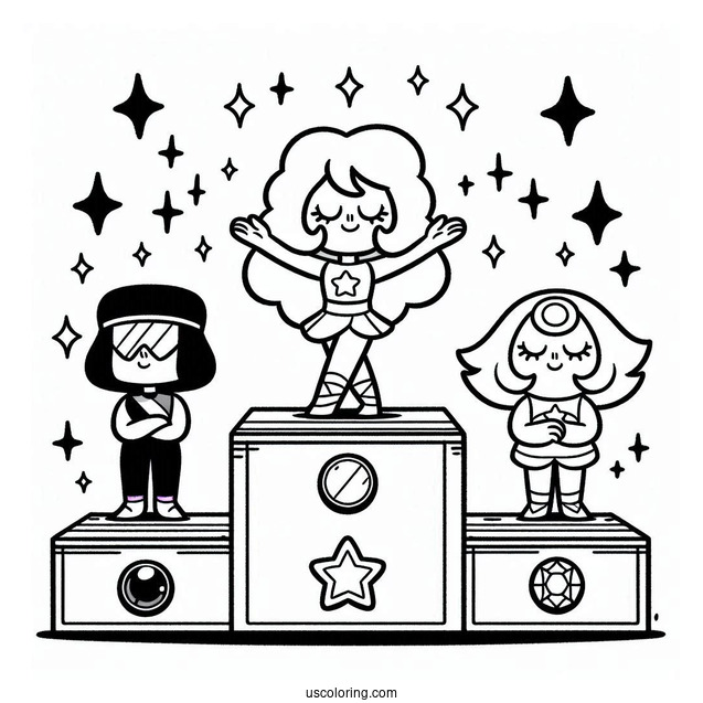Cute Steven Universe Coloring Page On Podium With Garnet, Pearl, And Amethyst For Kids