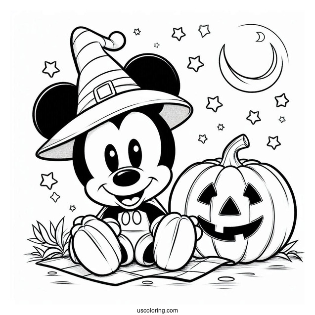 Mickey Mouse With Halloween Pumpkin Coloring Page To Color