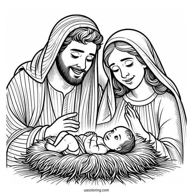 Nativity Coloring Page Of Smiling Joseph And Mary With Baby Jesus