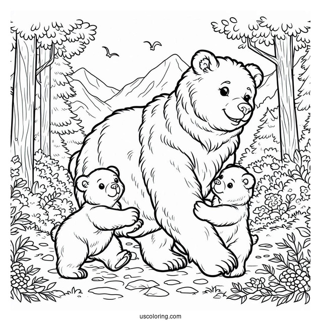 Mama Bear Coloring Page Walking With Her Two Cubs In Forest