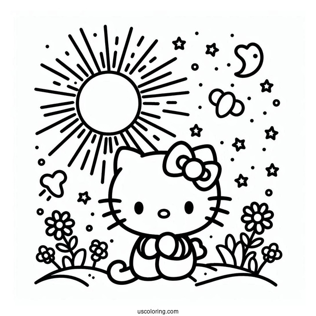 Simple Sun Shining Down On Hello Kitty Coloring Page For Kids