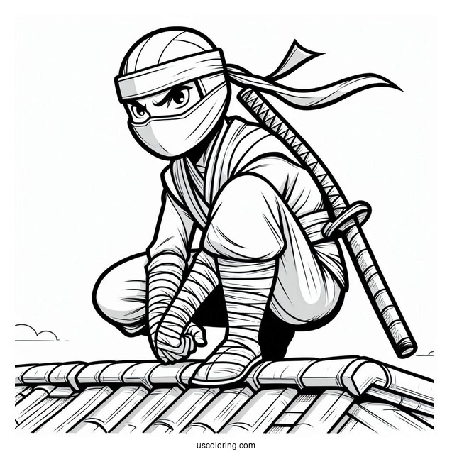 Ninja Crouched On A Roof Coloring Sheet