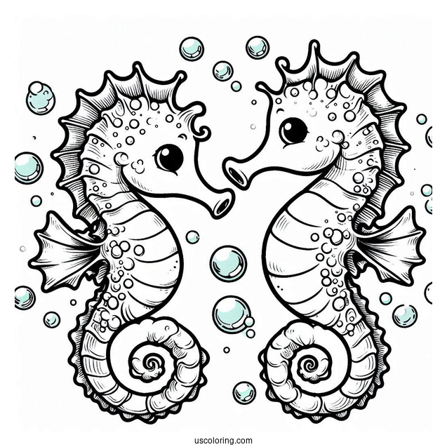 Two Cute Seahorses Blowing Bubbles