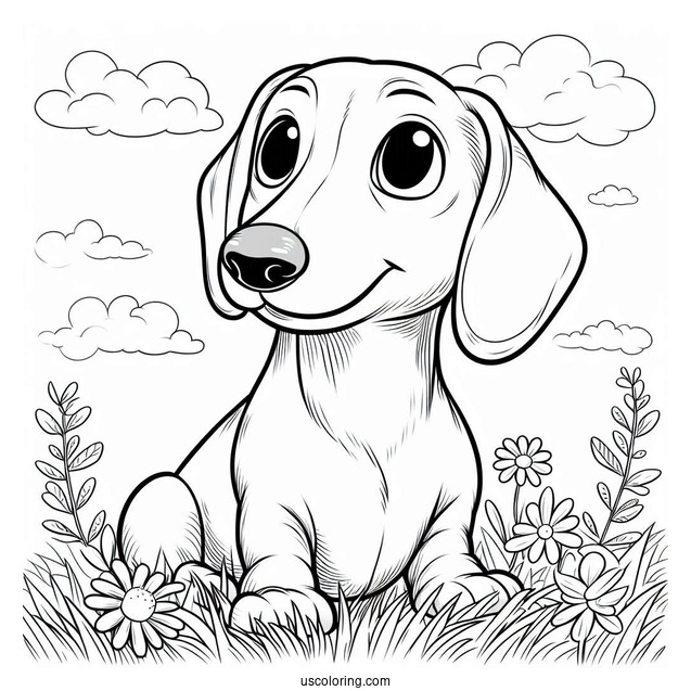 Simple Dachshund Coloring Page Sitting On Grass