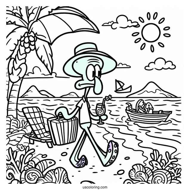 Simple Squidward Coloring Page Going On Vacation