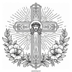 Elegant Cross Coloring Page With Jesus s Face At The Center