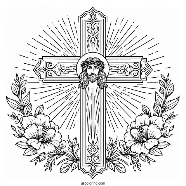 Elegant Cross Coloring Page With Jesus s Face At The Center