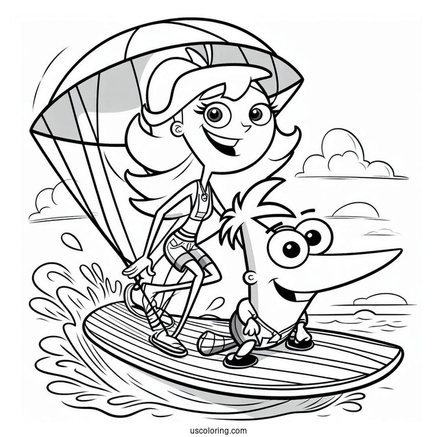 Phineas And Ferb Coloring Page And Candace Surfing With Perry The Platypus On A Parachute