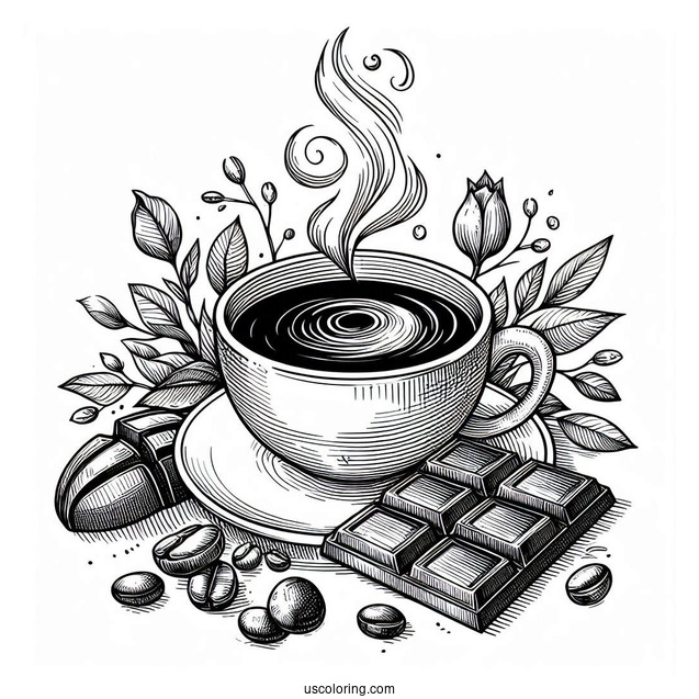 Steaming Coffee Coloring Pages Of Art With Pieces Of Chocolate