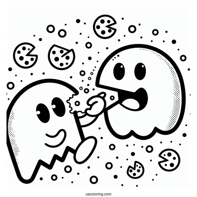 Simple Ghosts And Pac-Man Coloring Page Eating Dots