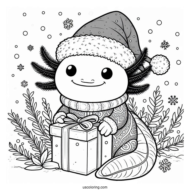 Axolotl Coloring Page In Santa Costume Holding A Present