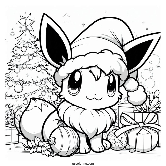 Pokemon Christmas Coloring Page Eevee Wearing Santa Hat With Christmas Baubles In The Background