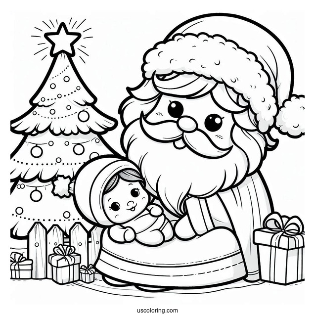 Cute Santa With Baby Jesus And Christmas Tree