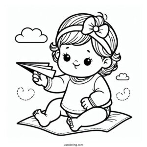 Easy Baby Coloring Page Holding A Paper Airplane