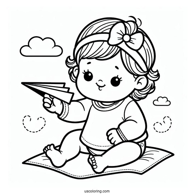 Easy Baby Coloring Page Holding A Paper Airplane
