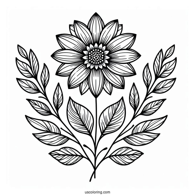 Easy Flower Mandala Coloring Page With Stem And Long Leaves