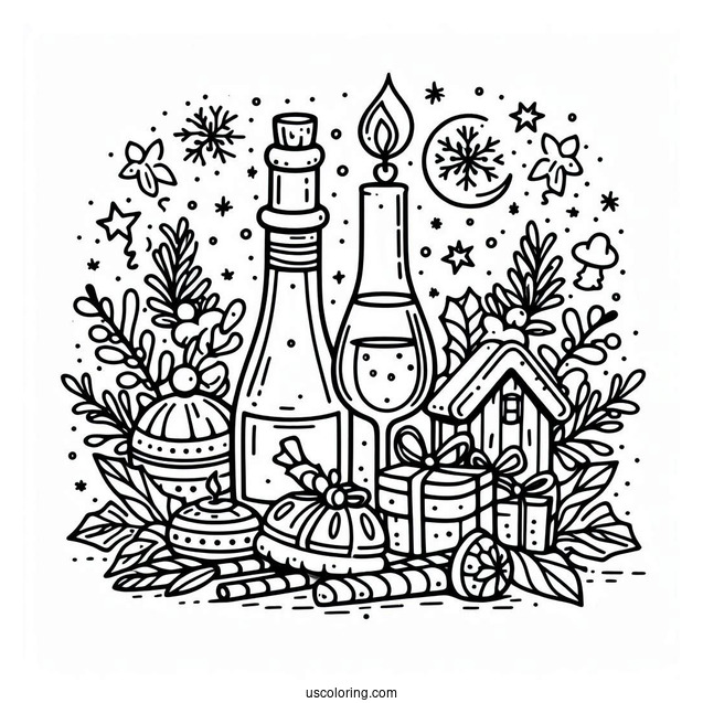New Year Coloring Page Of Wine Bottle And Glasses