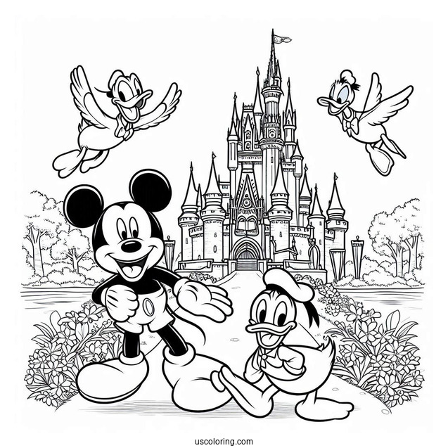 Mickey Mouse And Donald Duck With Pluto Coloring Page Outside Disney Castle
